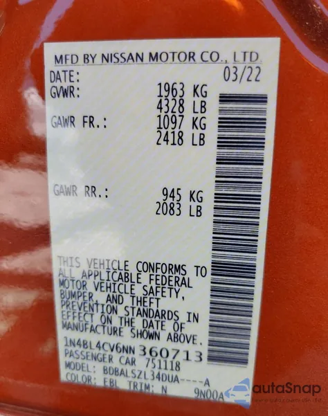 2022 Nissan Altima Sr из США, поврежденный, VIN 1N4BL4CV6NN360713